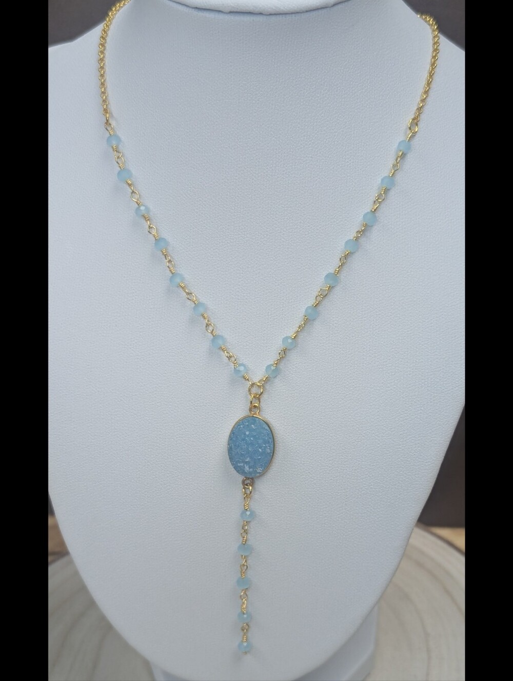 Blue Chalcedony Druzy Pendant Necklace 24K Gold Plated Adjustable 18-20 Inch - Picture 3 of 3